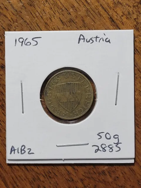 Austria 50 groschen coin, 1965. KM# 2885, aluminum-bronze. Austrian escutcheon.