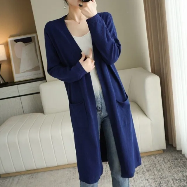 Women's cashmere cardigan autumn long knit V-neck wool medium length jacket Coat
