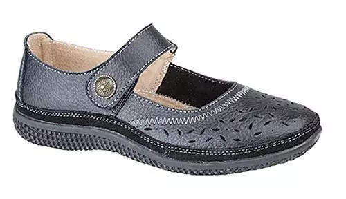 Ladies EEE Fitting Shoes Black Leather Extra Wide EEE Touch Fastening Comfort