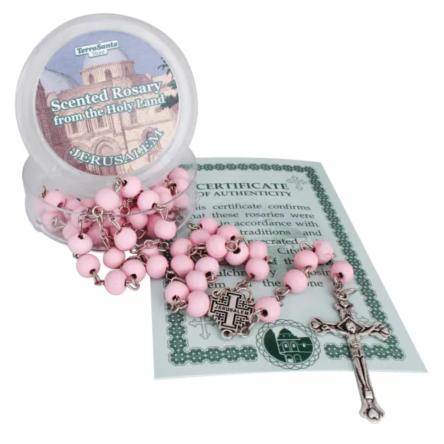 Scented Catholic Pink Wooden Rosary Prayer Beaded Jerusalem Cross Crucifix