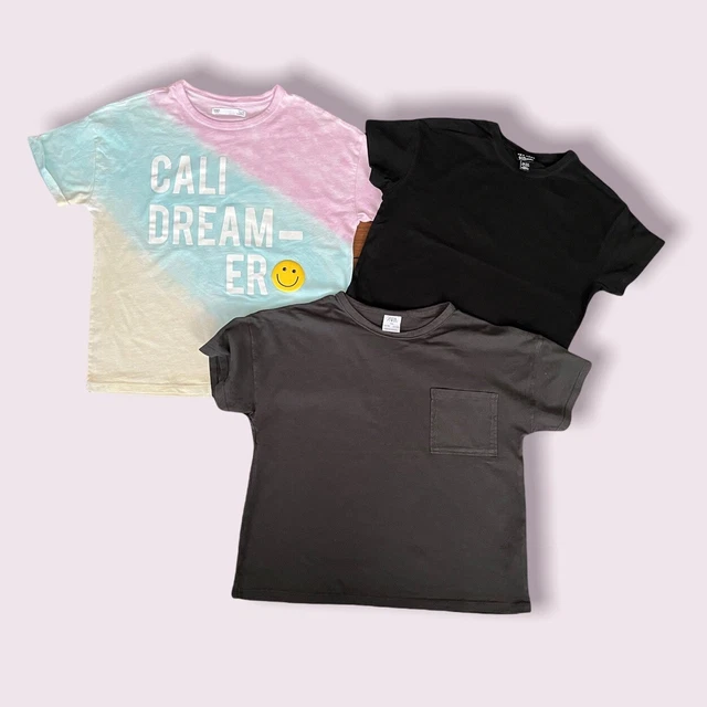 Girls Age 10 - 11 Years T-Shirt x 3 - BUNDLE Grey Black Tie Dye Zara New Look