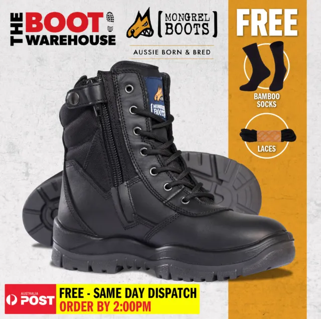 Mongrel 251020 Work Boots. Steel Toe Safety. Black Hi-Leg Zip Sider. Brand New.