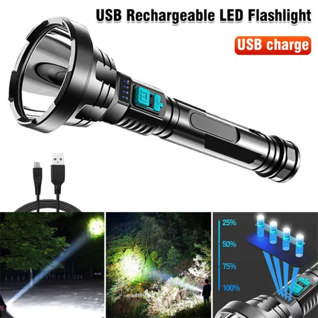 High Powered LED Flashlight USB Rechargeable Super Bright Torch Lamp Outdoor