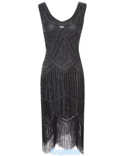 ZA2-1 Black Ladies 1920s Roaring 20s Flapper Gatsby Costume Sequins Outfit Dress 2