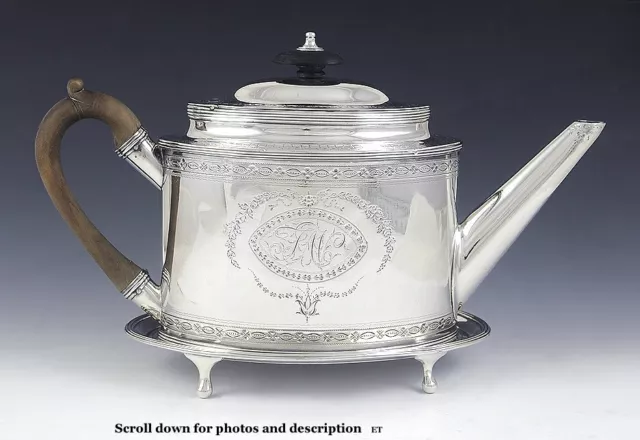 FINE GEORGIAN ENGLISH STERLING SILVER 1787 TEAPOT w/ 1800 TRAY NICE ENGRAVING