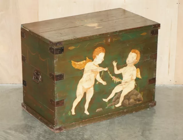 1860 Italian Original Paint Extra Large Storage Trunk Or Chest Cherub Paintings