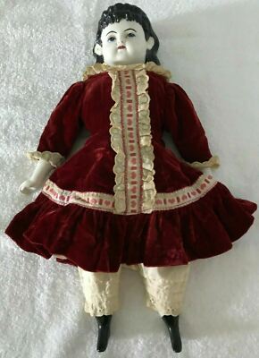 Vintage Handmade Porcelain Doll w/ Blue Eyes/Black Hair in Burgundy Ruffle Dress