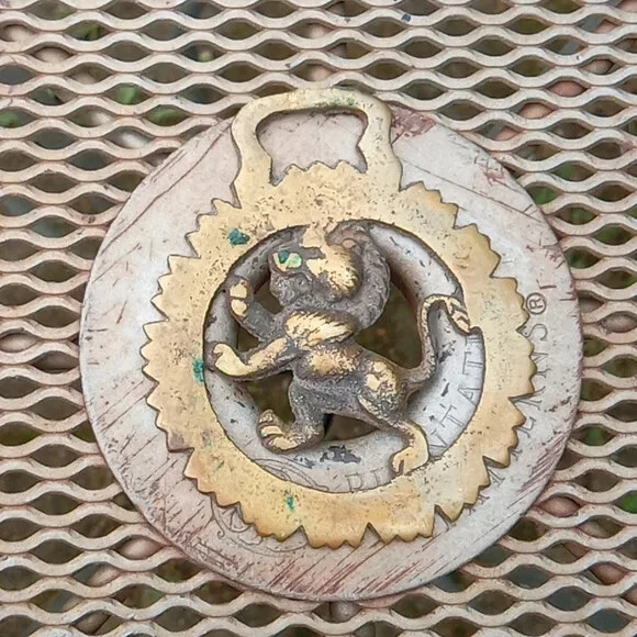 Antique Horse Equine Saddle Bridal Show Medallion Brass Decor standing lion