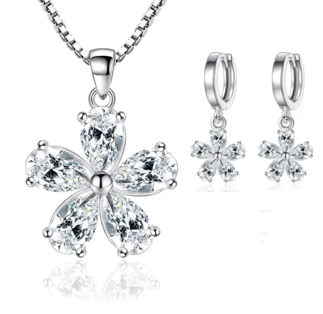 925 Sterling Silver Flower Pendant Chain Necklace Stud Earrings Womens Jewellery