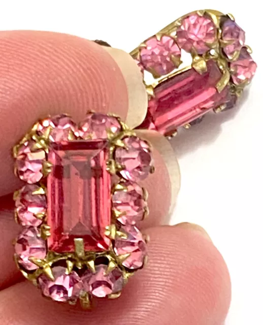 VTG  CZECH SLOVAKIA Hot Pink Glass Rhinestone EARRINGS - Gold Washed Brass