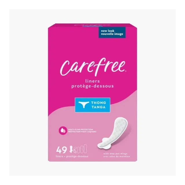 Carefree Thong Panty Liners Unscented With Wings - 49 Count