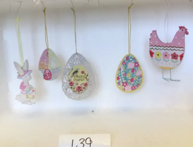 5 Gisela Graham Hanging Easter Wooden Decorations Eggs Rabbit Chick Bird Flowers