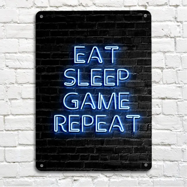 Eat Sleep Game Repeat Sign - Neon effect Metal A4 Sign - bedroom sign