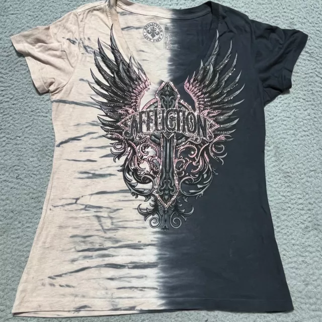 Affliction T Shirt Womens Small Tie Dye Angel Wings Cap Sleeve V Neck Vintage