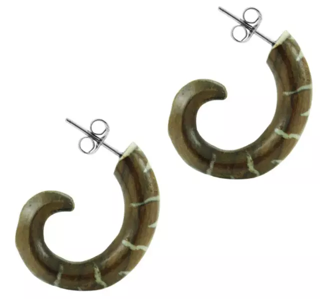 Tribal Fake Piercing Tamarind Wood Studs Organic Helix Bone Inlay Handmade