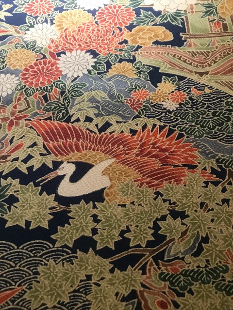@@ Vintage Japanese kimono silk fabric / midnight blue base, smooth crepe AB53