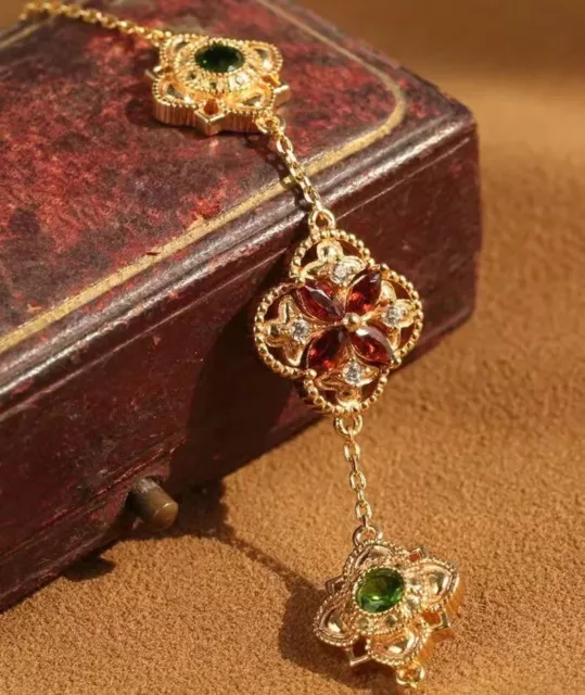 Estate Emerald,Garnet & Diamond 14K Yellow Gold Over Floral Flower 7.5"Bracelet 2