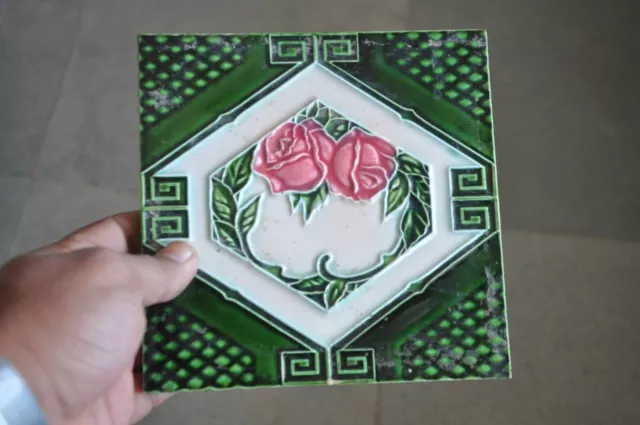 2 Pc Vintage F.M Fish Mark Rose Flower Embossed Ceramic Tiles,Japan 6