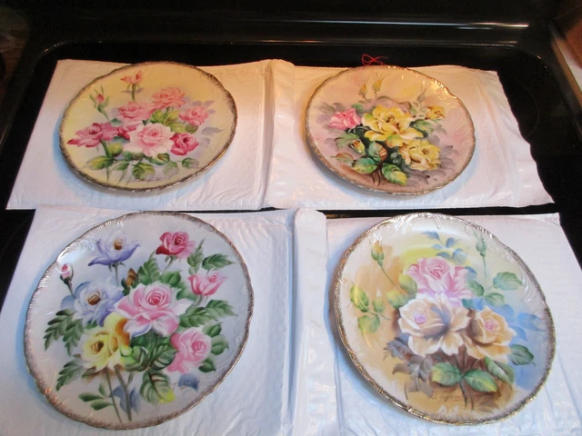 Lot of 4 Norleans Signed Hand Painted Floral Wall Plates 8 1/4" Vintage Japan
