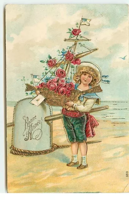 Carte Gaufrée - Bonne Année - Garçon en mousse portant un voilier décoré de rose