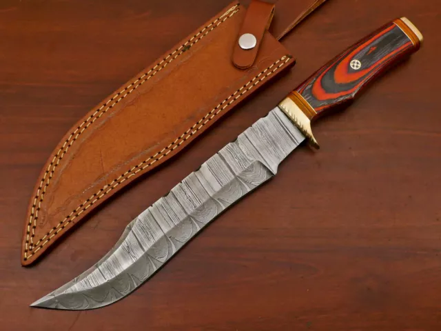 Custom Hand Made Damascus Blade Bowie Hunting Knife - Hard Wood Handle - Aw-4261