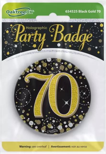 New Badge 70th Birthday Sparkling Fizz Black Gold Holographic