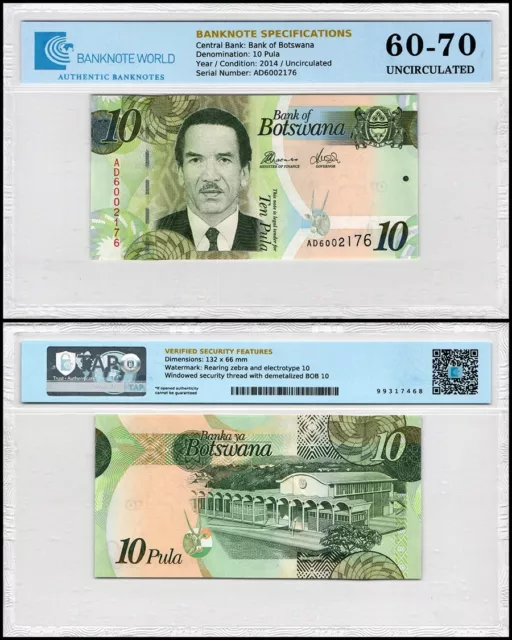 Botswana 10 Pula, 2014, P-30d, UNC, Authenticated Banknote