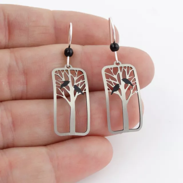 Raven Earrings - 925 Sterling Silver Ear Wires - Crow Black Bird Tree Halloween 2