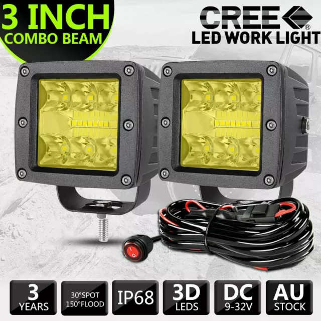 Pair 3inch LED Work Light Bar Cube Pod Spot Flood Beam Driving Offroad 4WD &Wire