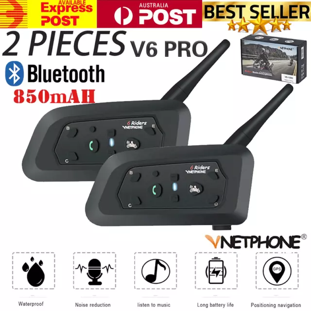 2x Motorcycle Bluetooth Headset V6 PRO Helmet Intercom 6 Rider Interphone