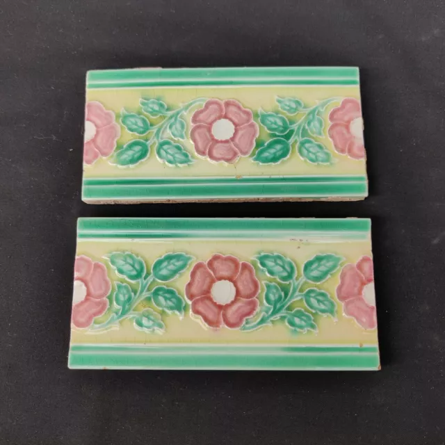1940s Vintage Architecture Furniture Tile 2 Pc Floral Majolica Art Nouveau Japan