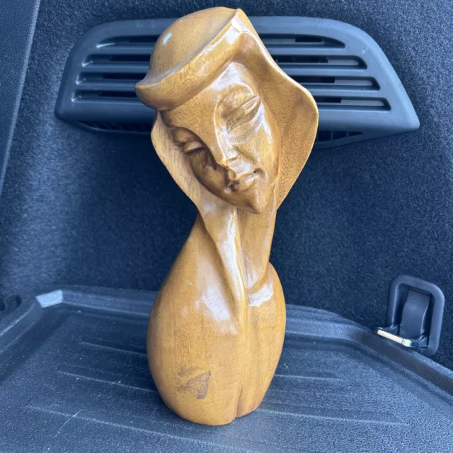 Vintage 1950s Mid Century Modern Art Deco Hawaiian Wood Hand Carved Female Bust 3