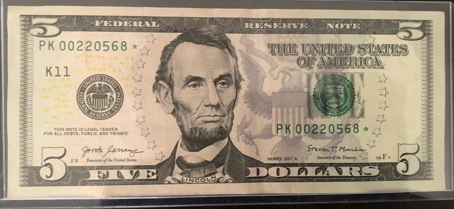 2017 $5 Bill Star Note Series A Five Dollar Federal Reserve Note US Paper Money