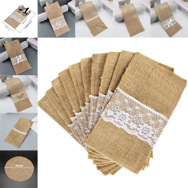 10 Style Burlap Lace Jute Wedding Tableware Pouch Cutlery Holder Bag Party AGZ8