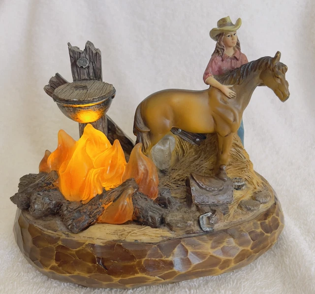 Wooden Resin Brown Horse Statue Lighted CampFire Cowgirl 7x5.5 inches Preowned