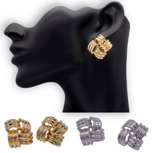 Square Metal Earrings Gold Silver Chunky Statement Stud Geometric Curve Style