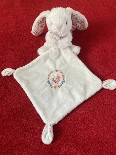 🇫🇷Doudou Lapin Blanc Mouchoir Brodé Oiseau Rose Fleur Liberty POMMETTE NEUF