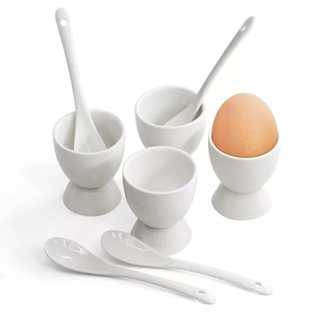 Weiß 8-teiliges Frühstücksset Porzellan Keramik 4 x Eierbecherhalter & 4 x Löffel