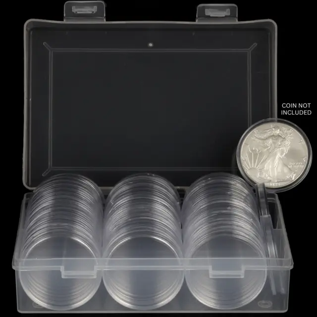 50 Direct Fit Airtight 40.6Mm American Silver Eagle Coin Holders Capsules + Case