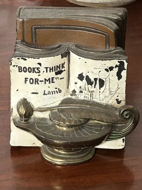 RARE RONSON 1942 Art Deco Brass/Bronze Single Bookend “Books Think For Me”-Lamb