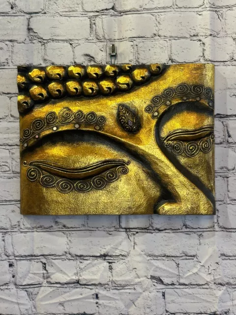 Wooden Wood Panel 40cm Brown Gold Buddha Eyes Lotus Wall Art Plaque Handcarved 3