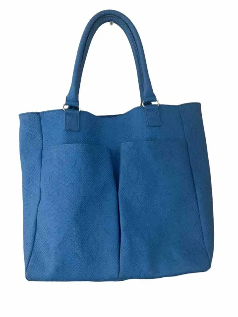 Neiman Marcus Oversize Large Blue Faux Leather Snakeskin Tote Bag big pockets