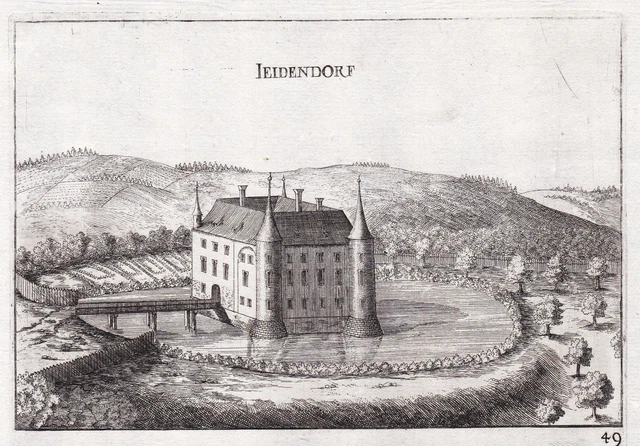 Monastero Maria Jeutendorf Karmel Vista Incisione Stampa Antica Vischer 1672