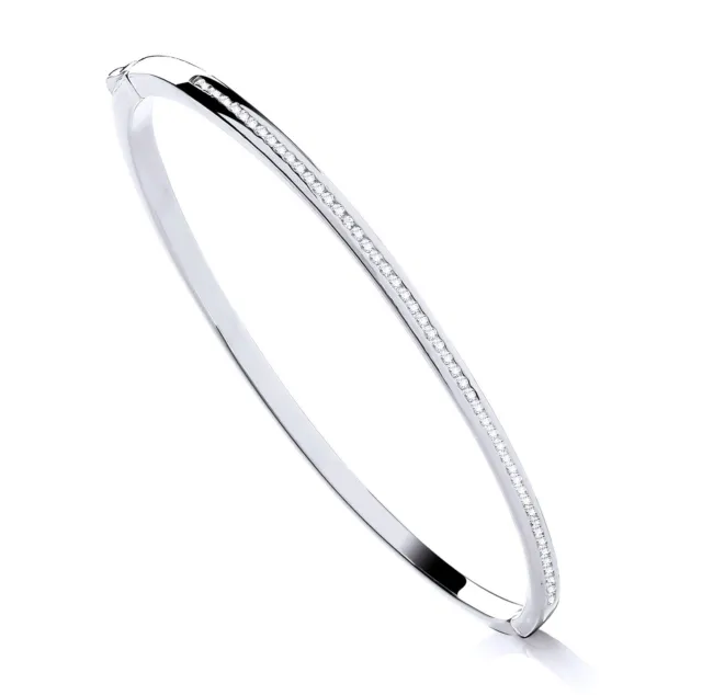 Solid 925 Sterling Silver CZ Channel Set Oval 3mm Hinged Ladies Bangle