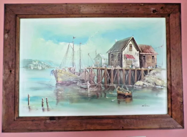 Original Hand Painted Framed Oil Painting Of N.E. Fishing Harbor By John Luini