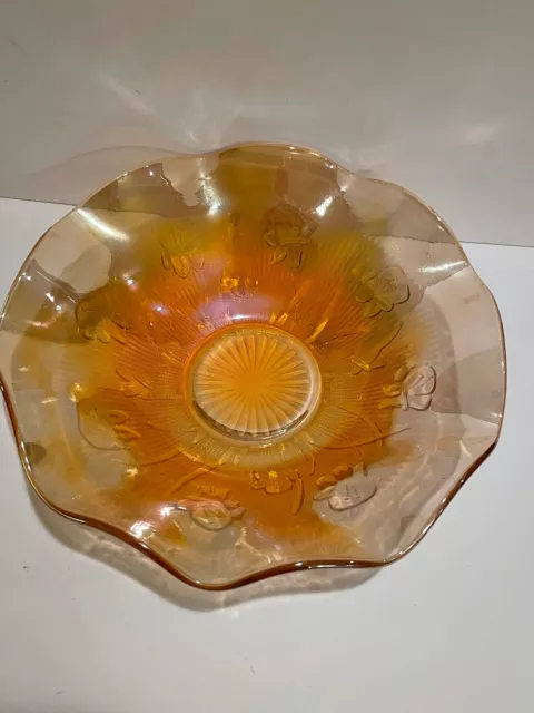 Vintage Jeanette Glass Bowl Amber Marigold Iridescent Iris Herringbone 11.5”