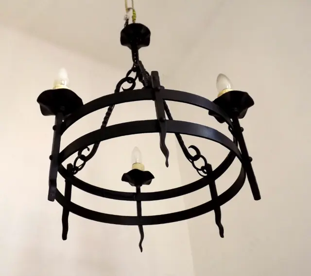 Rustic French Vintage Hand Forged Black Wrought Iron 3 Light Chandelier 4484