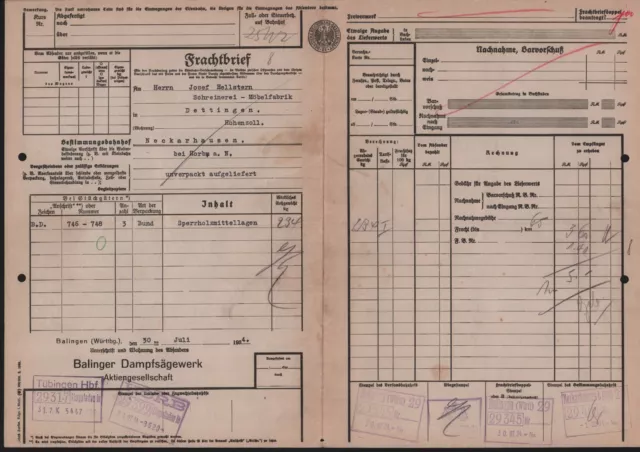 Frachtbrief 1934, Balinger Dampfsägewerk AG von BALINGEN nach NECKARHAUSEN