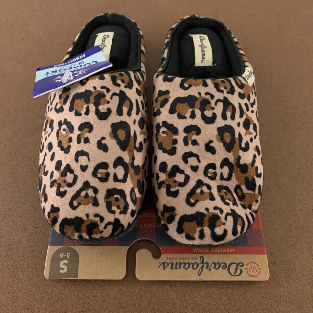 Dearfoams Women's Small Shoe Size 5-6 Brown Leopard Memory Foam Slippers NWT