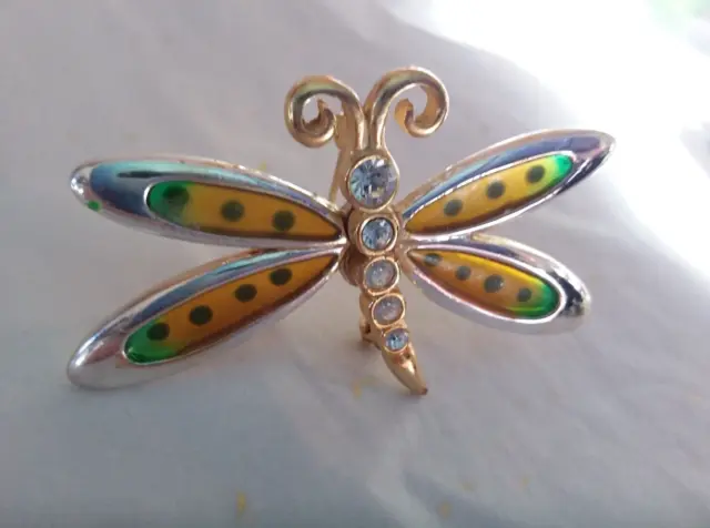 Stained Glass Effect Dragonfly BROOCH Pin Graduating Rhinestones in Middle
